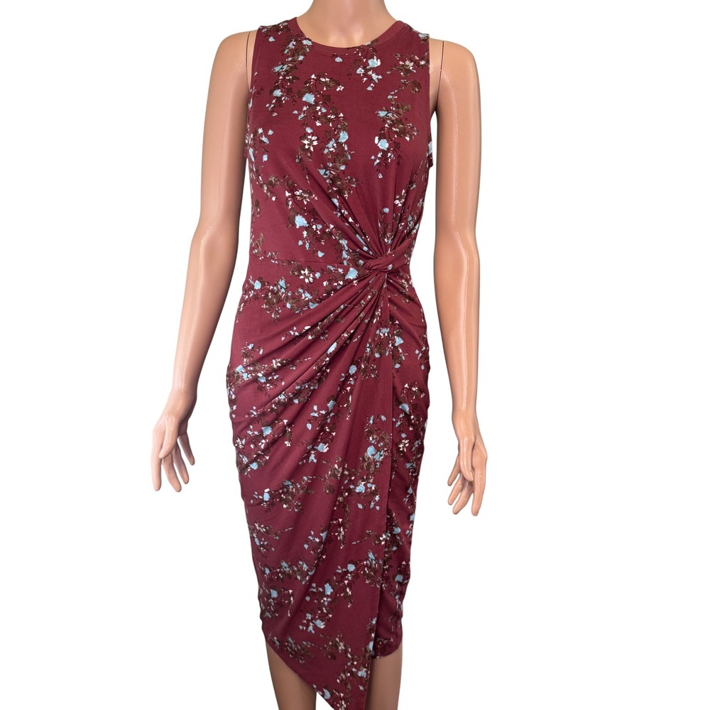 Nine Britton Womens Floral Knot Front Sheath Dress Burgundy Sleeveless Small